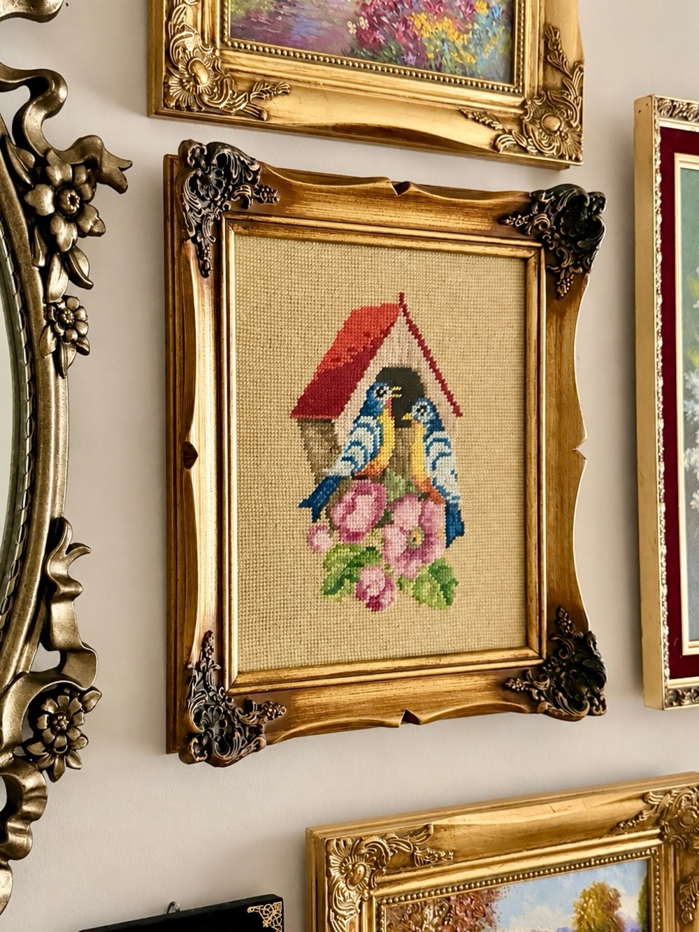 Vintage 1970s Birdhouse Needlepoint in Ornate Gold Frame